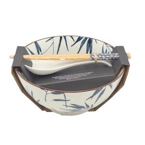 SH Home Ceramic Ramen Noodle Bowl Set 54oz Chopsticks & Spoon Blue White Bamboo